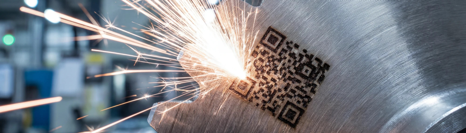 Grabado láser de un código QR en una pieza metálica industrial, imagen de portada para el artículo sobre trazabilidad en el sector industrial de CUSTOM3D.